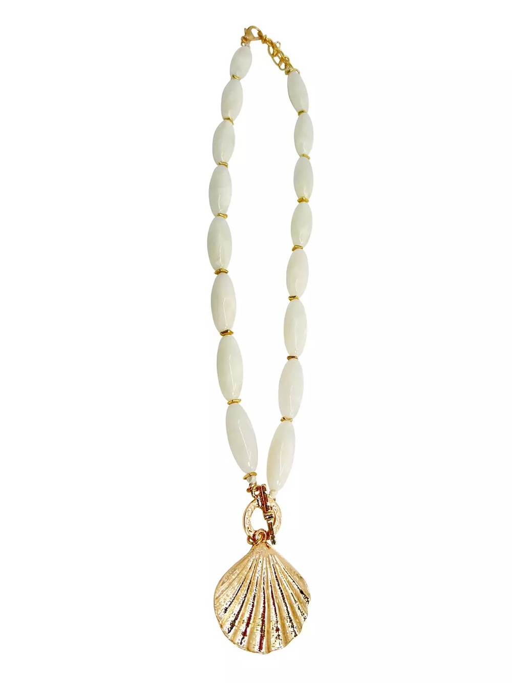 Gold Shell Pendant Necklace with Cream Beads - Women's Jewelry